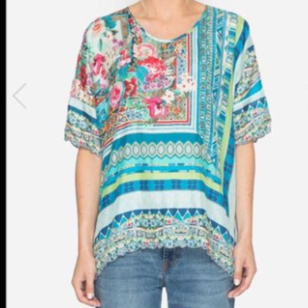Johnny Was Multicolor Floral Geometric Patchwork silk Tunic - Teal, Pink, Green